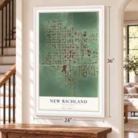 New Richland, Minnesota map, 24 x 36 inch print in a white frame by a staircase