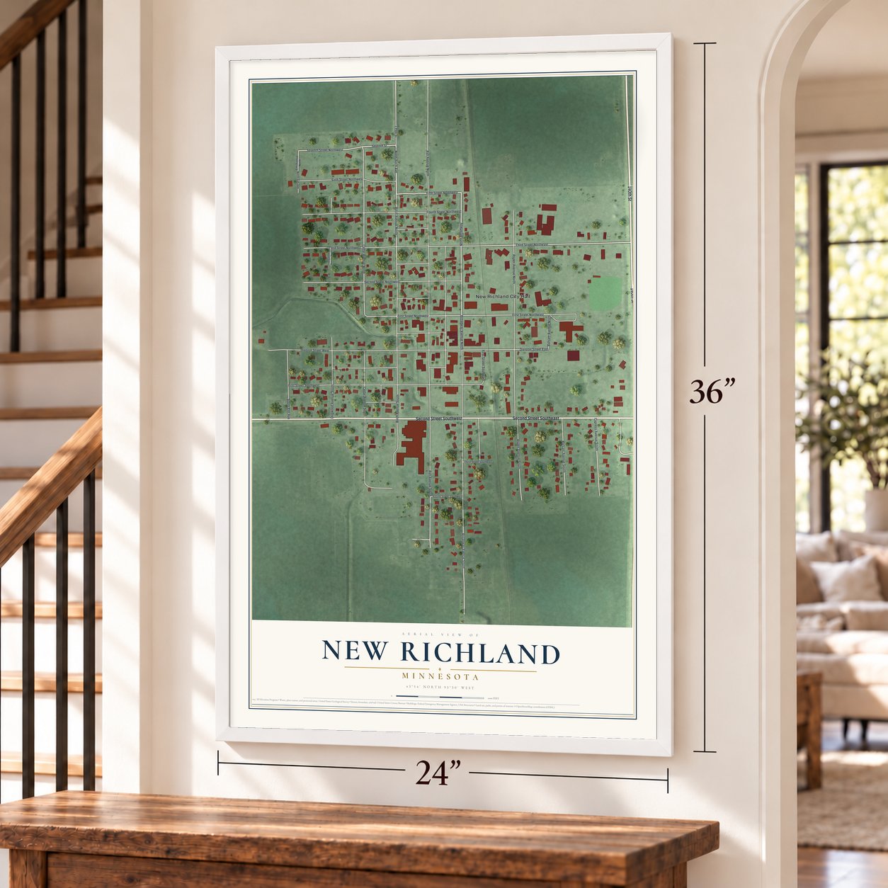 New Richland, Minnesota map, 24 x 36 inch print in a white frame by a staircase