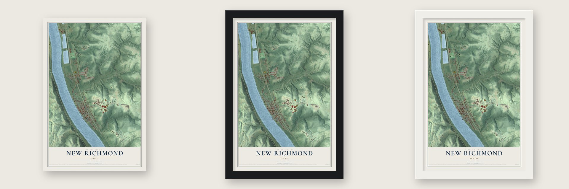New Richmond, Ohio map unframed, in a black wood frame and in a white wood frame