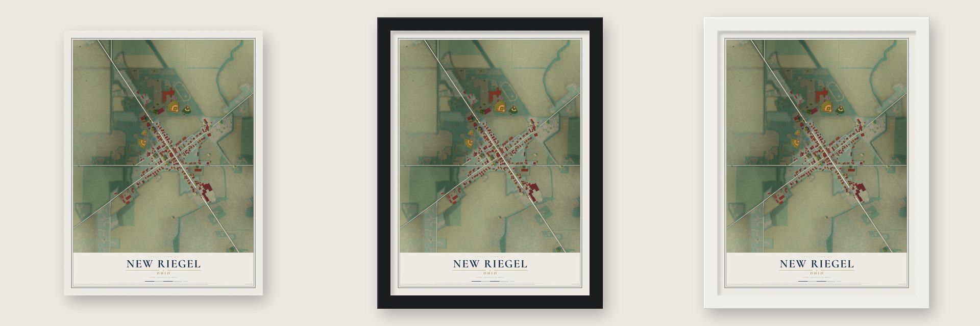 New Riegel, Ohio map unframed, in a black wood frame and in a white wood frame
