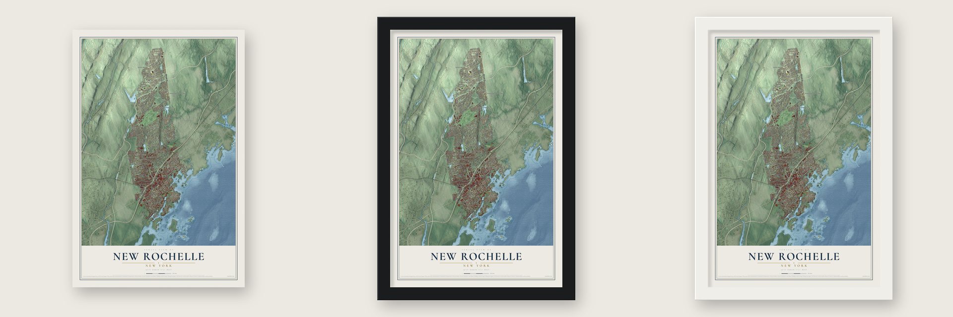 New Rochelle, New York map unframed, in a black wood frame and in a white wood frame