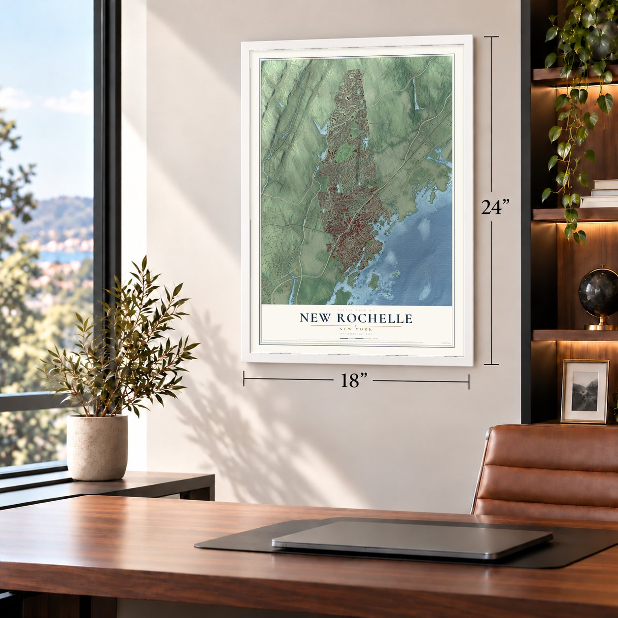 New Rochelle, New York map, 18 x 24 inch print in a white frame in a home office