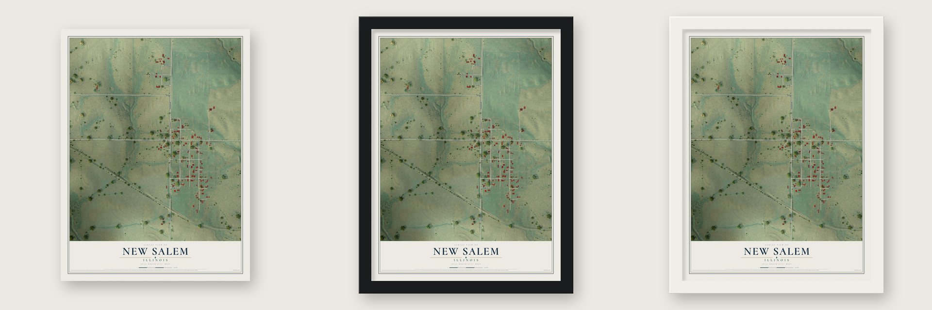 New Salem, Illinois map unframed, in a black wood frame and in a white wood frame