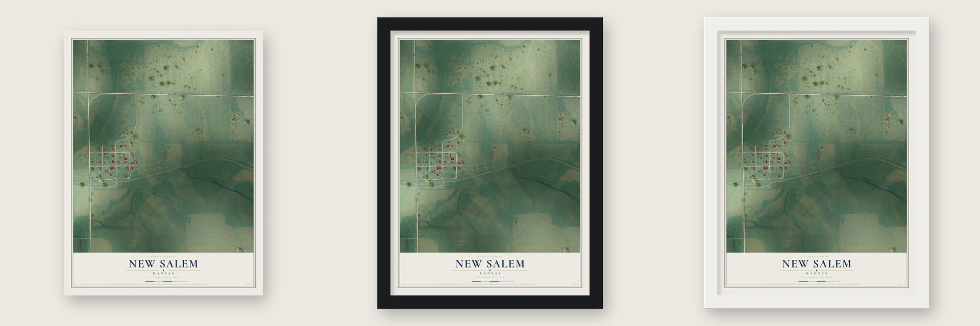 New Salem, Kansas map unframed, in a black wood frame and in a white wood frame
