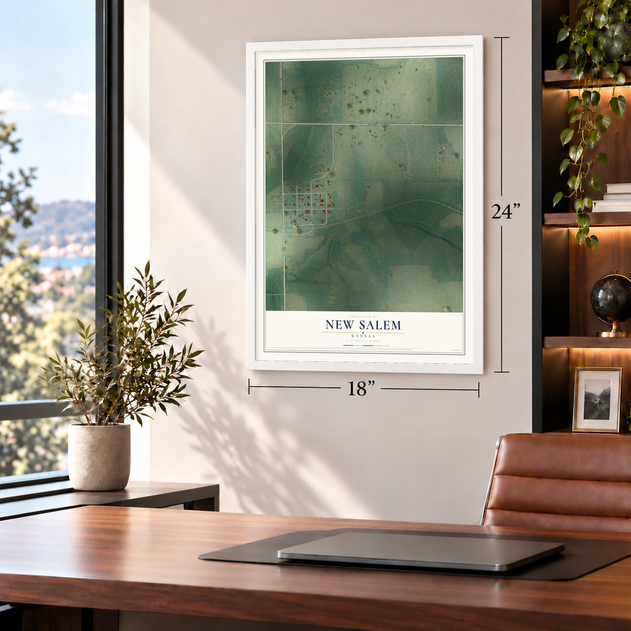 New Salem, Kansas map, 18 x 24 inch print in a white frame in a home office