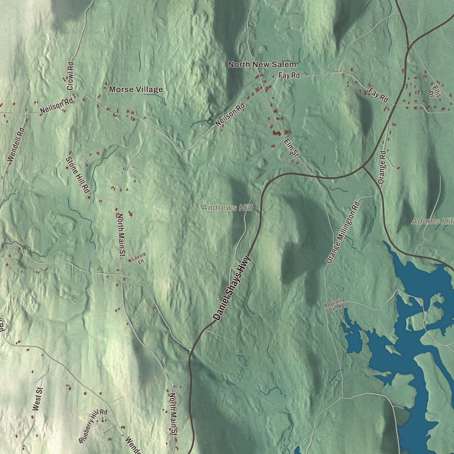 Close-up of the map of New Salem, Massachusetts print showing terrain and local geography