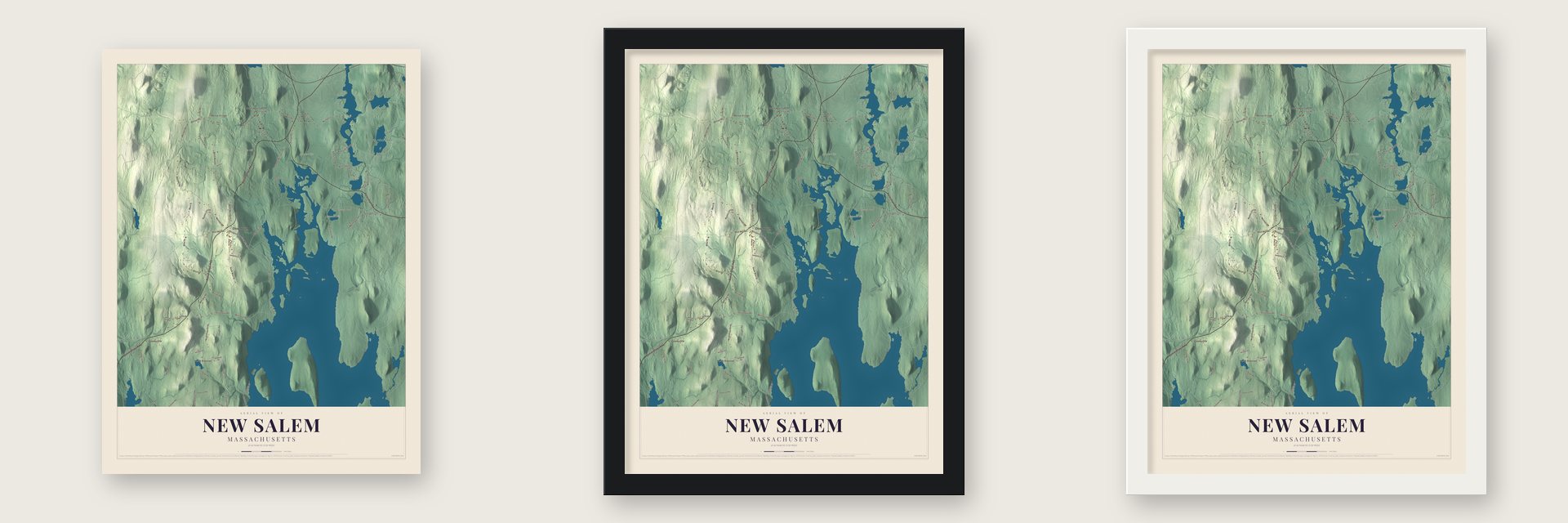 New Salem, Massachusetts map unframed, in a black wood frame and in a white wood frame