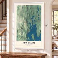 New Salem, Massachusetts map, 24 x 36 inch print in a white frame by a staircase