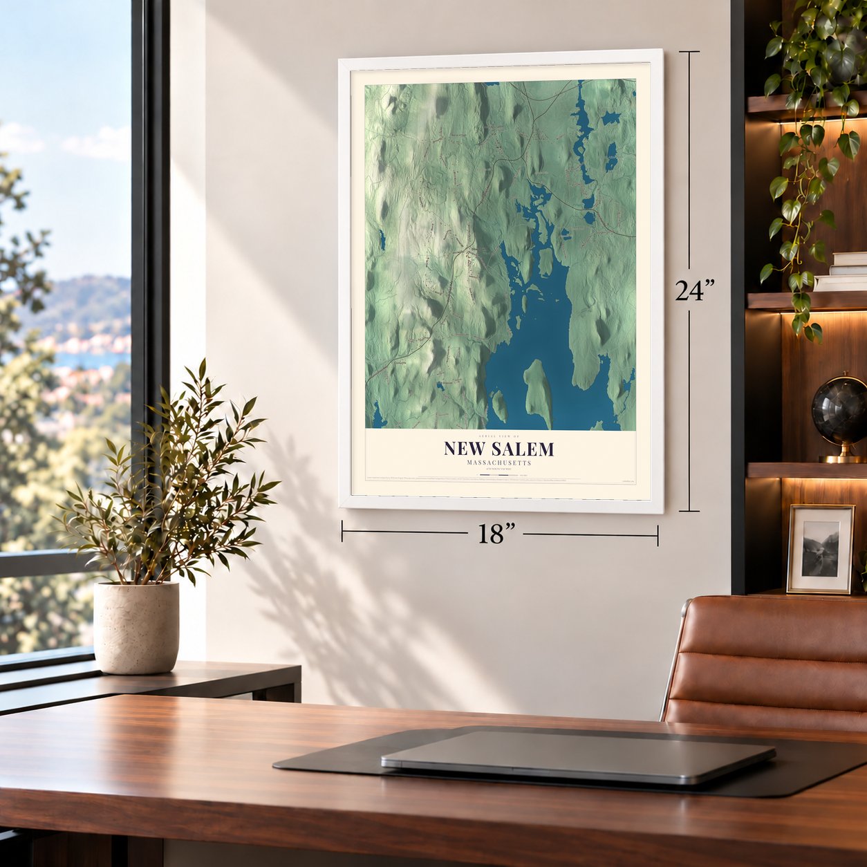 New Salem, Massachusetts map, 18 x 24 inch print in a white frame in a home office