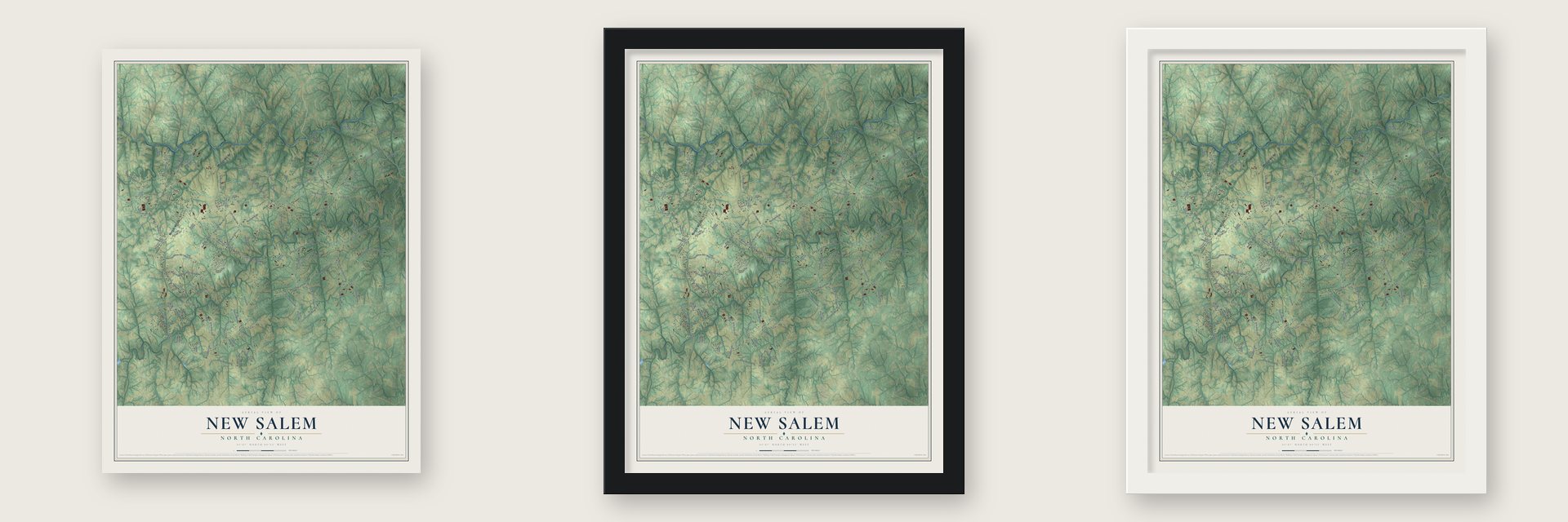 New Salem, North Carolina map unframed, in a black wood frame and in a white wood frame