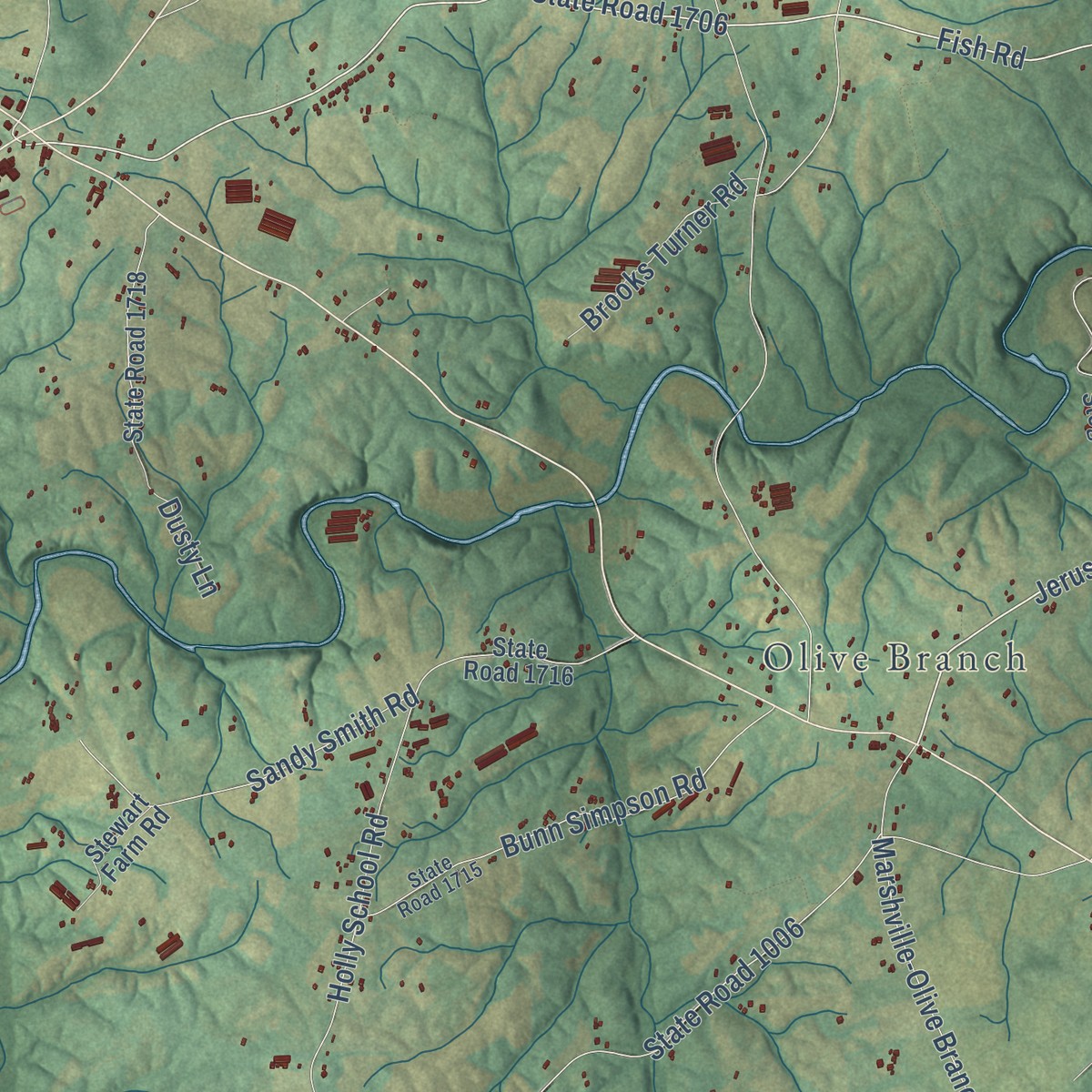 Second close-up of the map of New Salem, North Carolina print showing more streets and buildings
