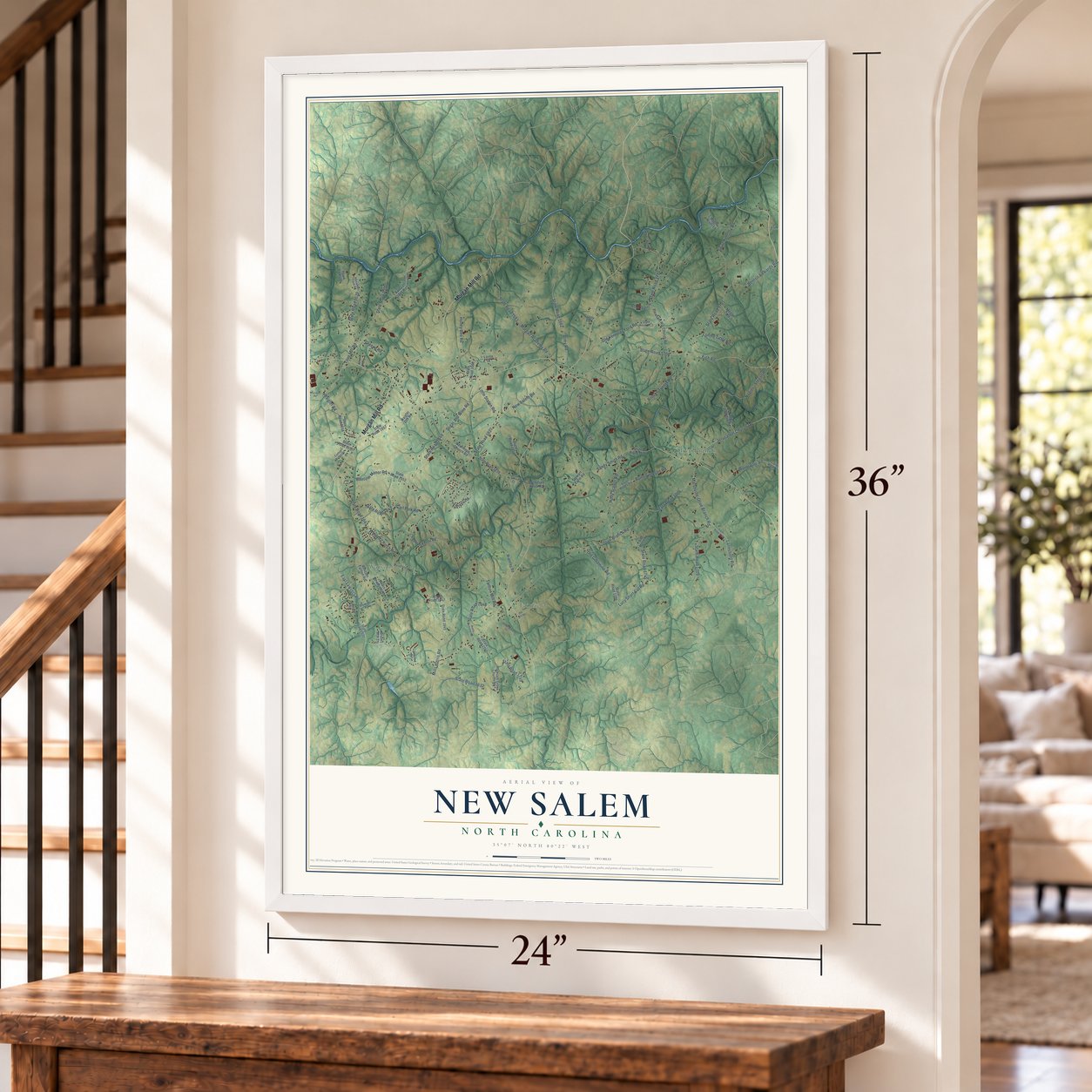 New Salem, North Carolina map, 24 x 36 inch print in a white frame by a staircase