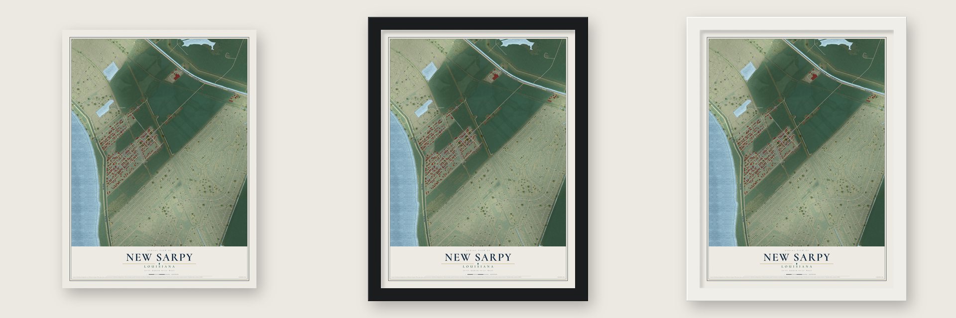 New Sarpy, Louisiana map unframed, in a black wood frame and in a white wood frame