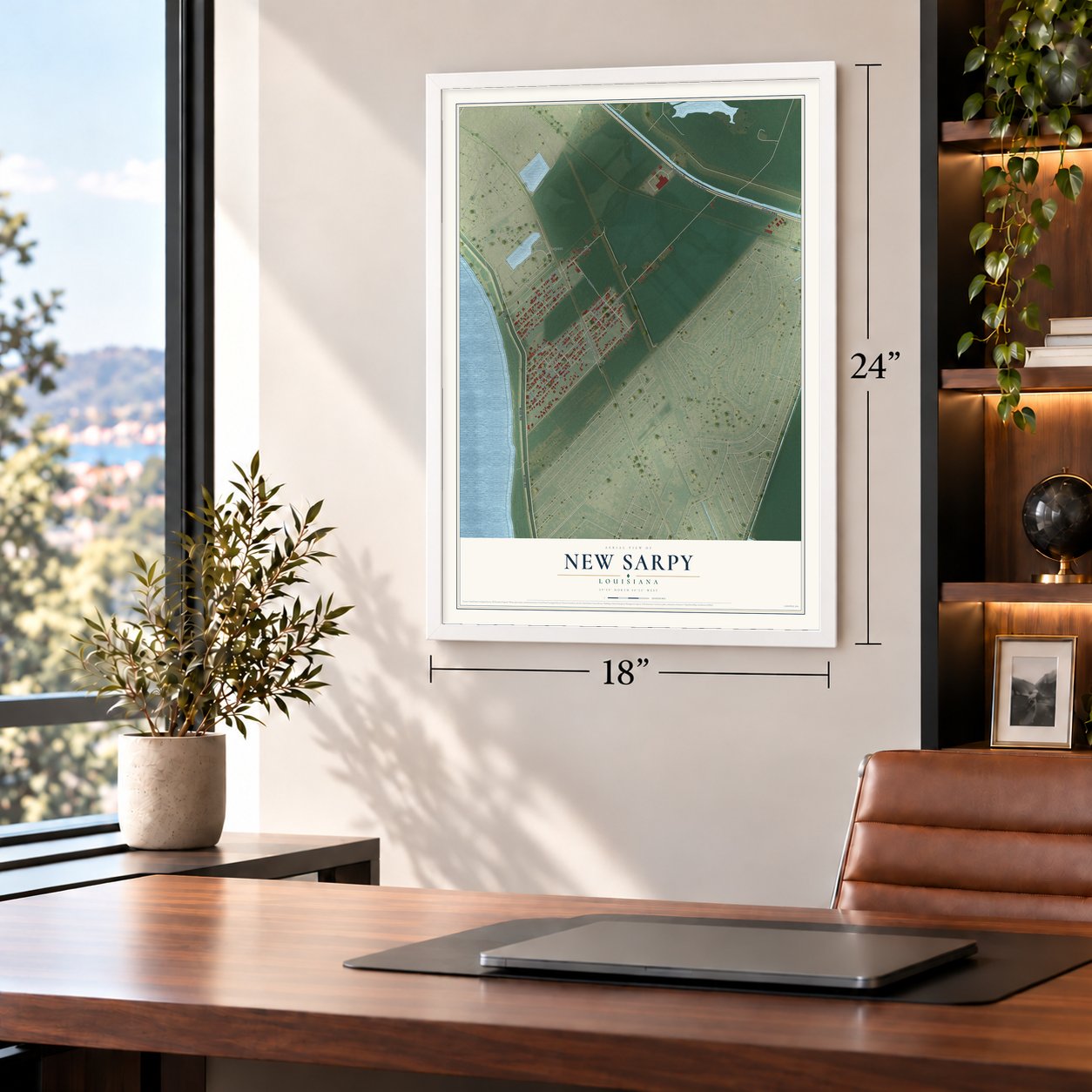 New Sarpy, Louisiana map, 18 x 24 inch print in a white frame in a home office