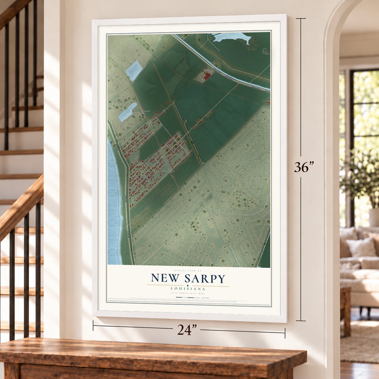 New Sarpy, Louisiana map, 24 x 36 inch print in a white frame by a staircase