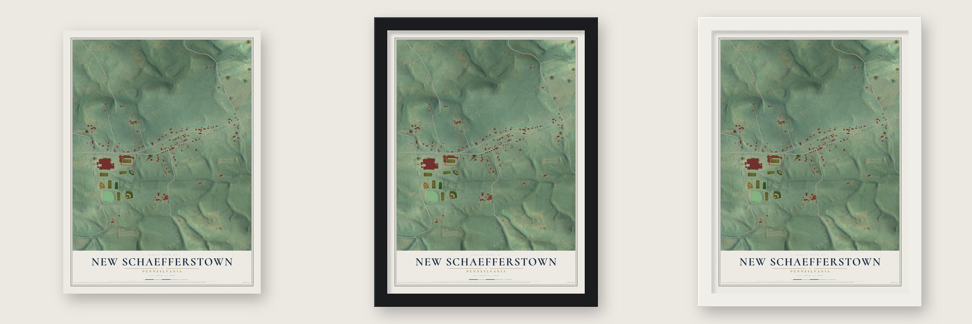 New Schaefferstown, Pennsylvania map unframed, in a black wood frame and in a white wood frame