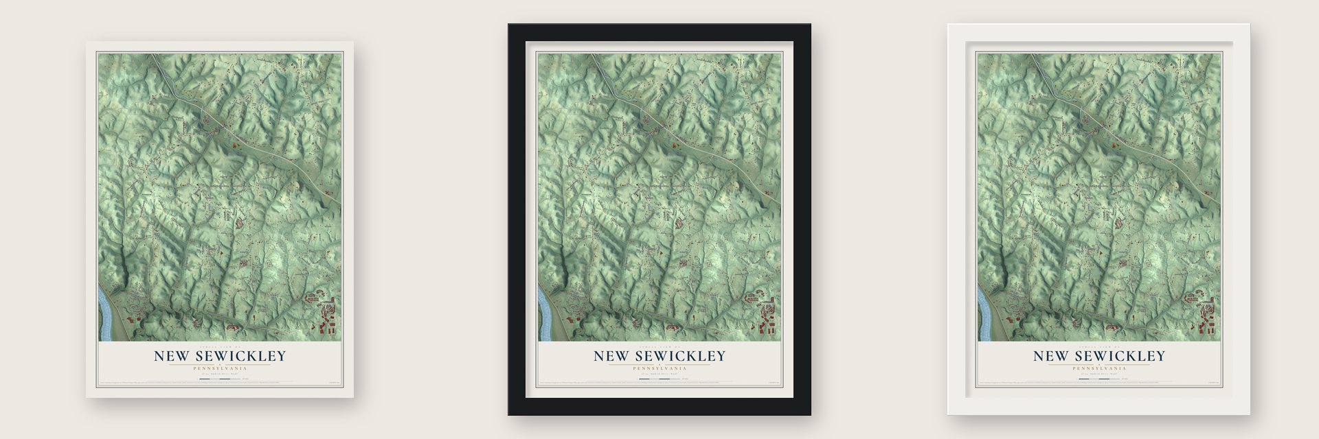 New Sewickley, Pennsylvania map unframed, in a black wood frame and in a white wood frame