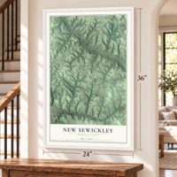 New Sewickley, Pennsylvania map, 24 x 36 inch print in a white frame by a staircase