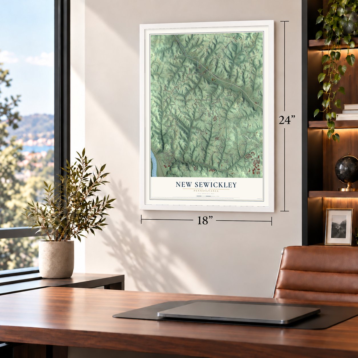 New Sewickley, Pennsylvania map, 18 x 24 inch print in a white frame in a home office