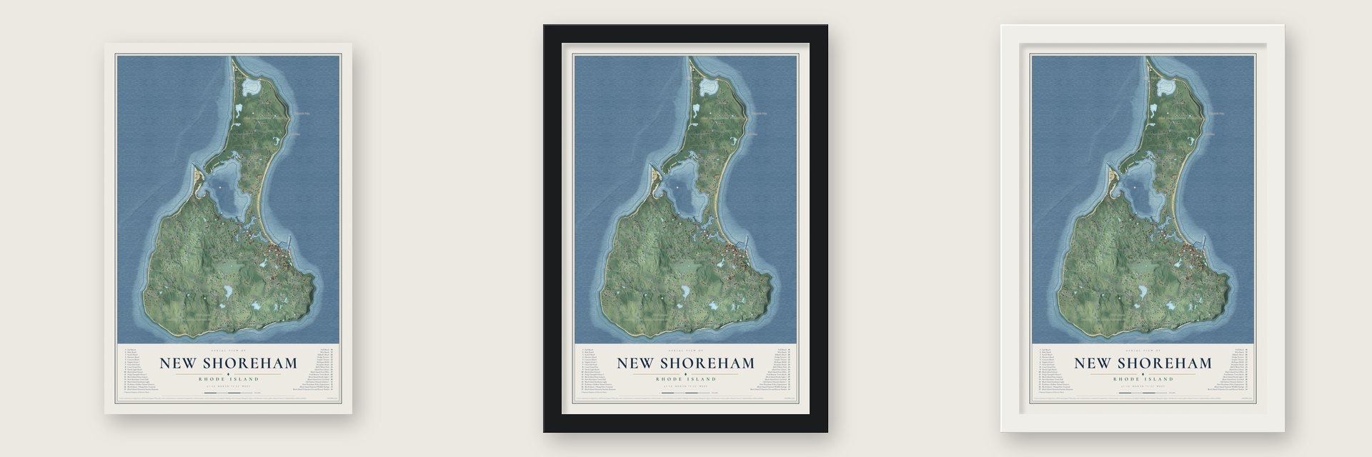 New Shoreham, Rhode Island map unframed, in a black wood frame and in a white wood frame