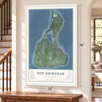 New Shoreham, Rhode Island map, 24 x 36 inch print in a white frame by a staircase