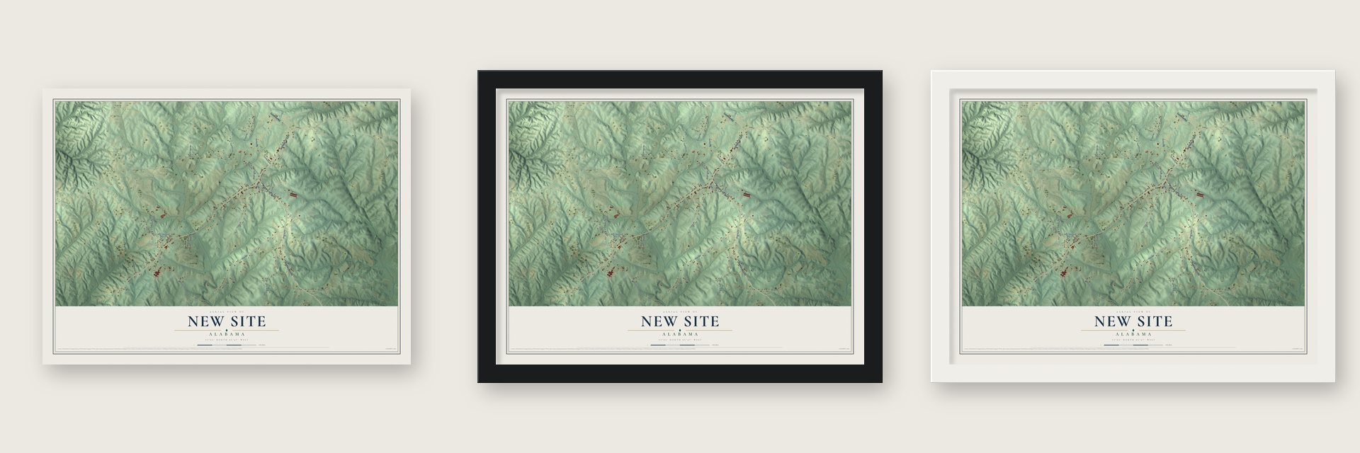 New Site, Alabama map unframed, in a black wood frame and in a white wood frame