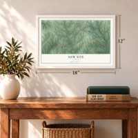 New Site, Alabama map, 12 x 18 inch print in a white frame in an entryway