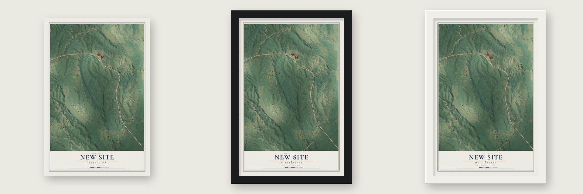 New Site, Mississippi map unframed, in a black wood frame and in a white wood frame