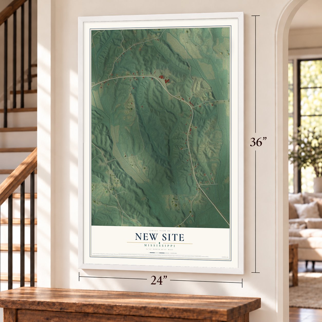 New Site, Mississippi map, 24 x 36 inch print in a white frame by a staircase