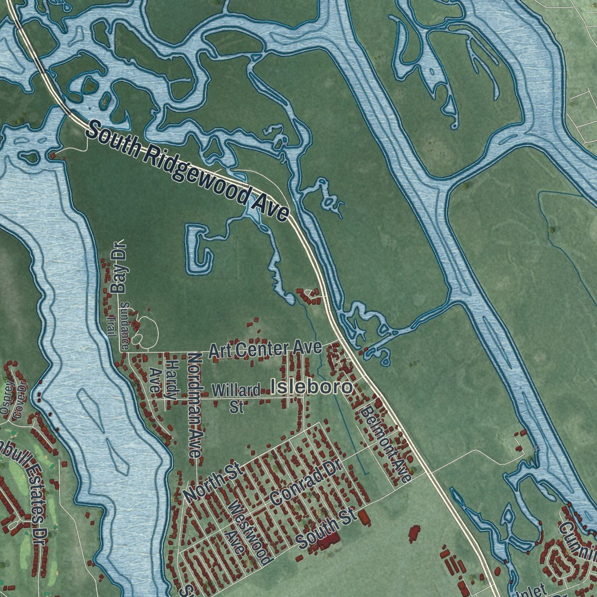 Second close-up of the map of New Smyrna Beach, Florida print showing more streets and buildings