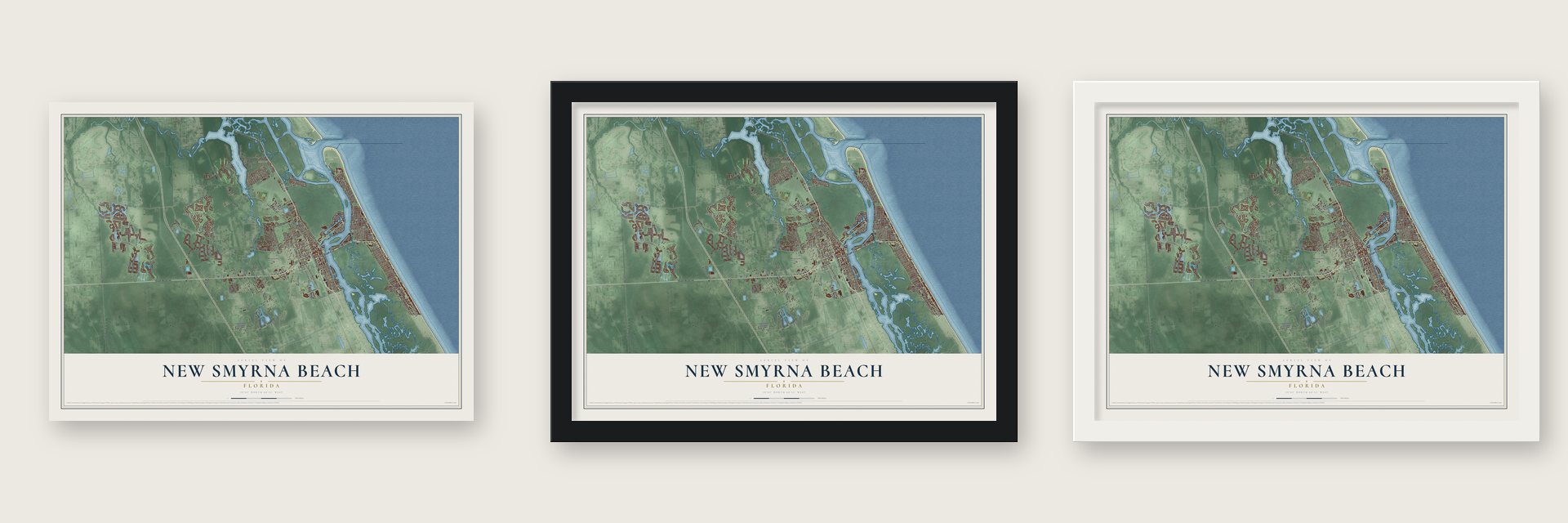 New Smyrna Beach, Florida map unframed, in a black wood frame and in a white wood frame