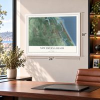 New Smyrna Beach, Florida map, 18 x 24 inch print in a white frame in a home office