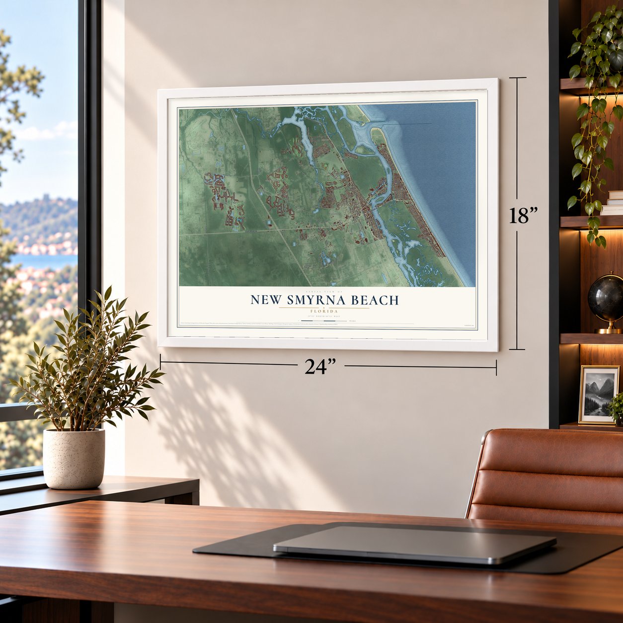 New Smyrna Beach, Florida map, 18 x 24 inch print in a white frame in a home office
