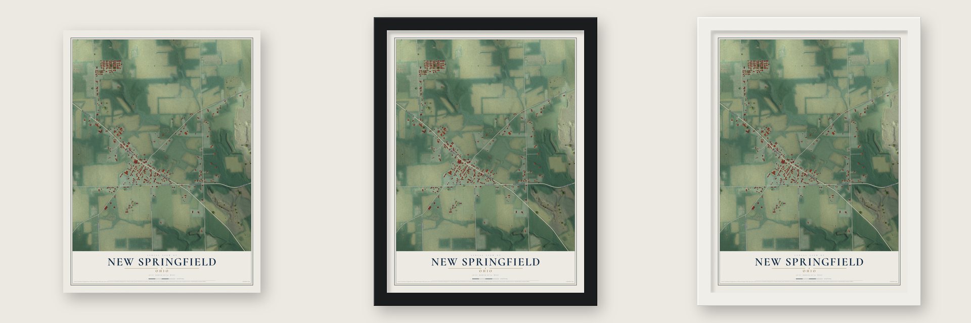 New Springfield, Ohio map unframed, in a black wood frame and in a white wood frame