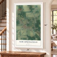 New Springfield, Ohio map, 24 x 36 inch print in a white frame by a staircase
