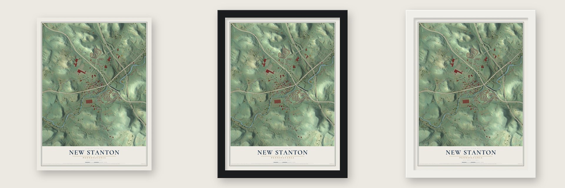 New Stanton, Pennsylvania map unframed, in a black wood frame and in a white wood frame