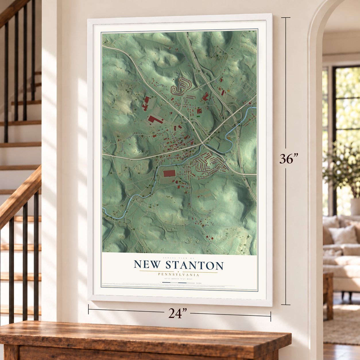 New Stanton, Pennsylvania map, 24 x 36 inch print in a white frame by a staircase