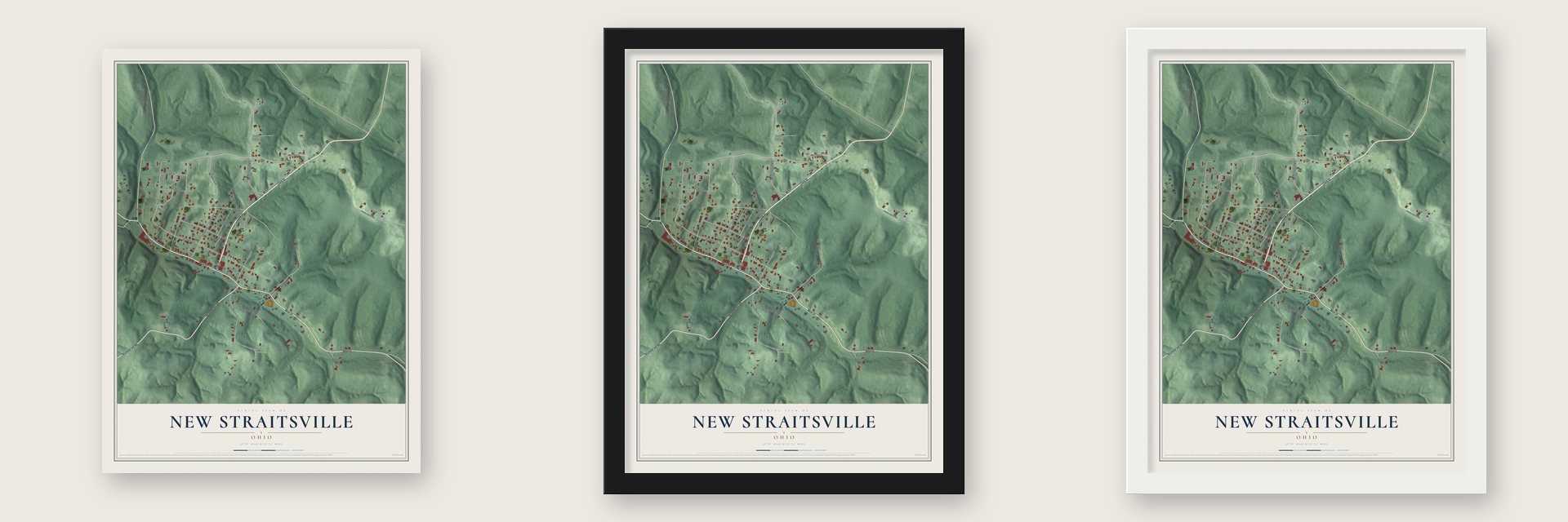 New Straitsville, Ohio map unframed, in a black wood frame and in a white wood frame