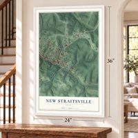 New Straitsville, Ohio map, 24 x 36 inch print in a white frame by a staircase