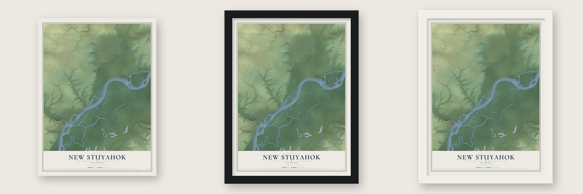 New Stuyahok, Alaska map unframed, in a black wood frame and in a white wood frame