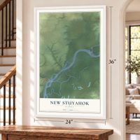New Stuyahok, Alaska map, 24 x 36 inch print in a white frame by a staircase