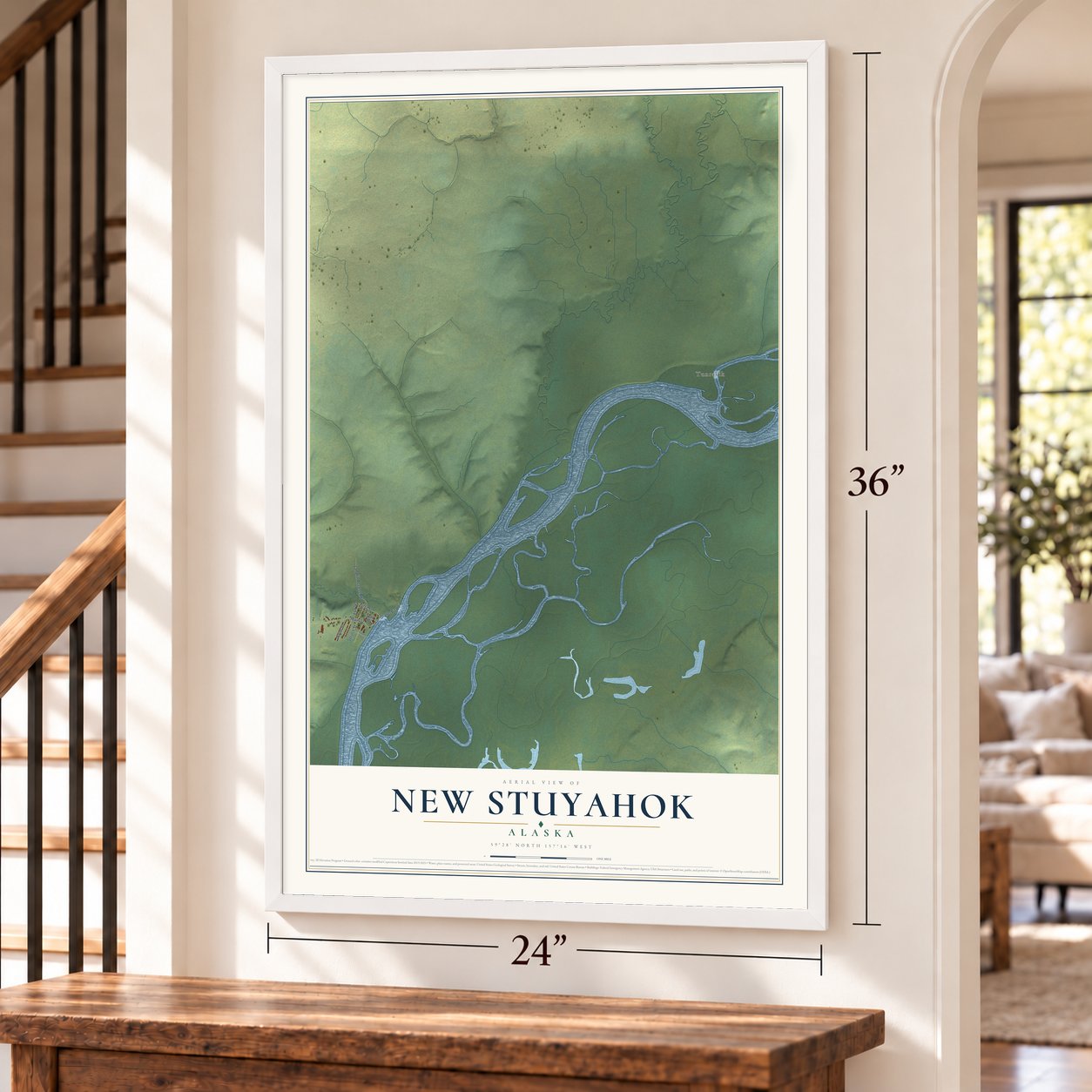 New Stuyahok, Alaska map, 24 x 36 inch print in a white frame by a staircase