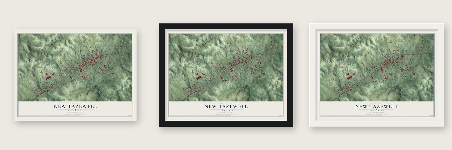 New Tazewell, Tennessee map unframed, in a black wood frame and in a white wood frame