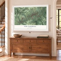 New Tazewell, Tennessee map, 24 x 36 inch print in a white frame above a dresser by a staircase