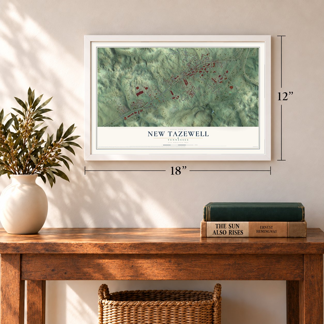 New Tazewell, Tennessee map, 12 x 18 inch print in a white frame in an entryway