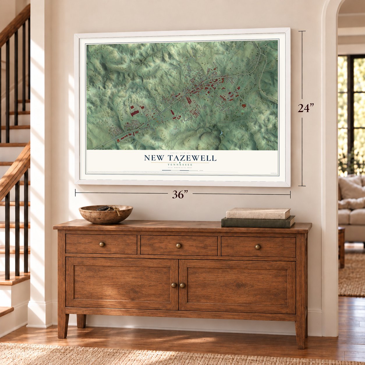 New Tazewell, Tennessee map, 24 x 36 inch print in a white frame above a dresser by a staircase