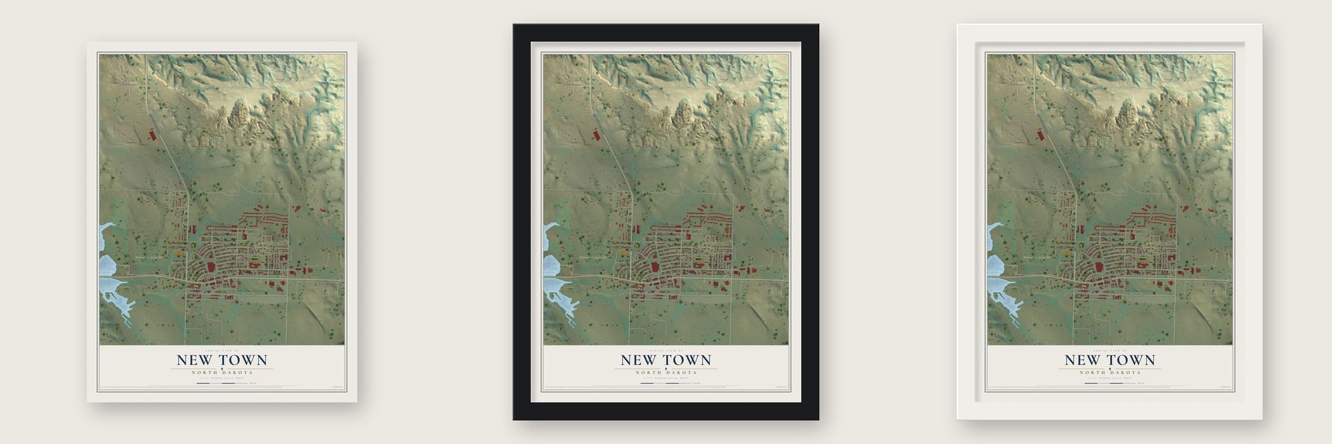 New Town, North Dakota map unframed, in a black wood frame and in a white wood frame