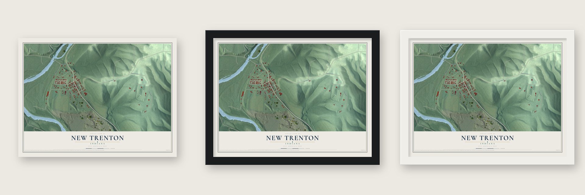 New Trenton, Indiana map unframed, in a black wood frame and in a white wood frame