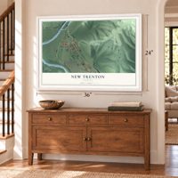 New Trenton, Indiana map, 24 x 36 inch print in a white frame above a dresser by a staircase