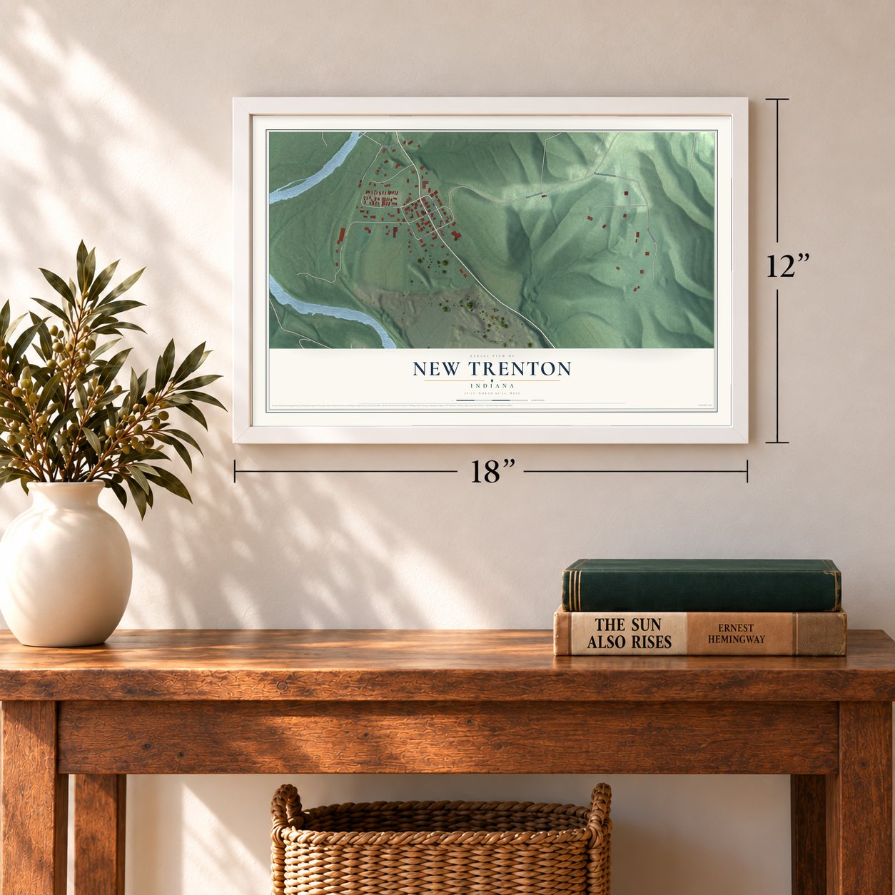 New Trenton, Indiana map, 12 x 18 inch print in a white frame in an entryway
